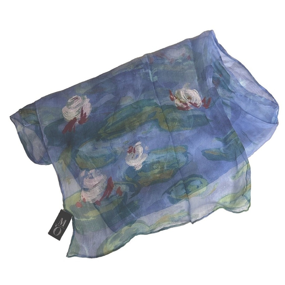 Vintage 100% Silk Water Lilies Scarf Monet Style Art Museum Paris France 62x13